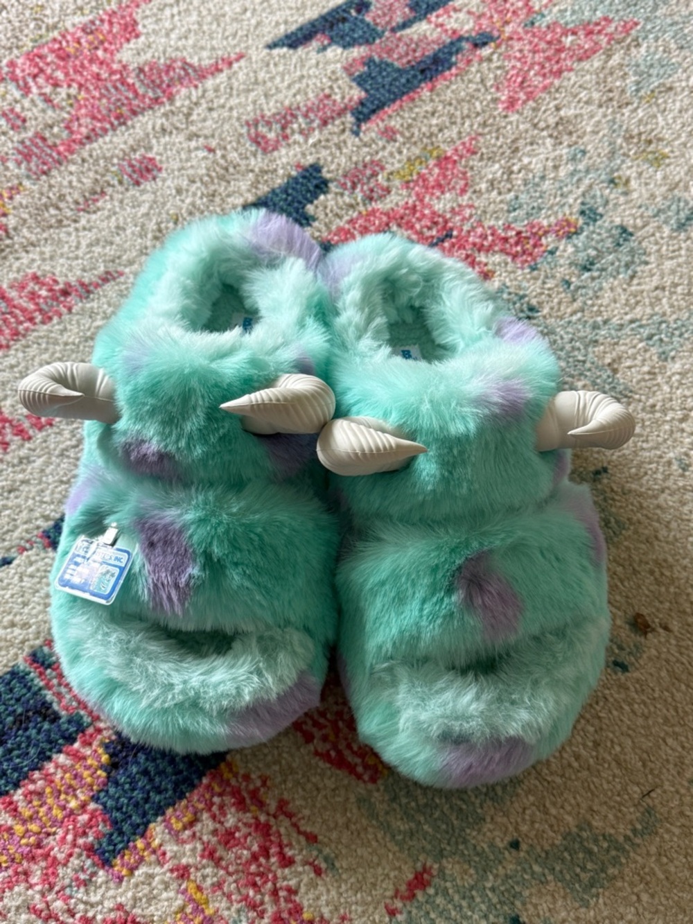 CROCS Sully Mint Green Fuzzy Slippers with Lavender Spots and Horns
